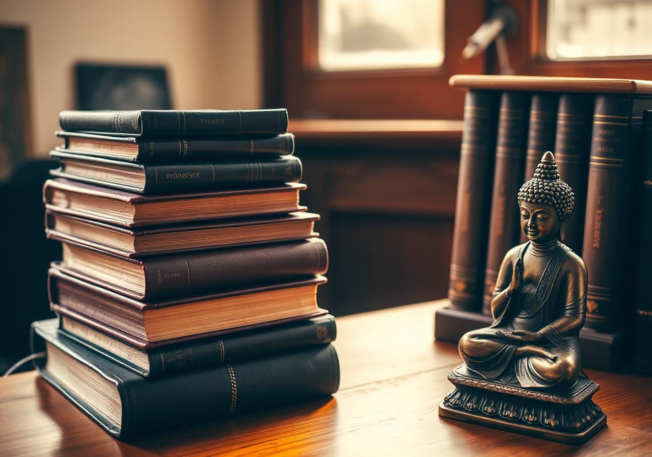 Vintage leather-bound finance books beside a bronze Buddha statue