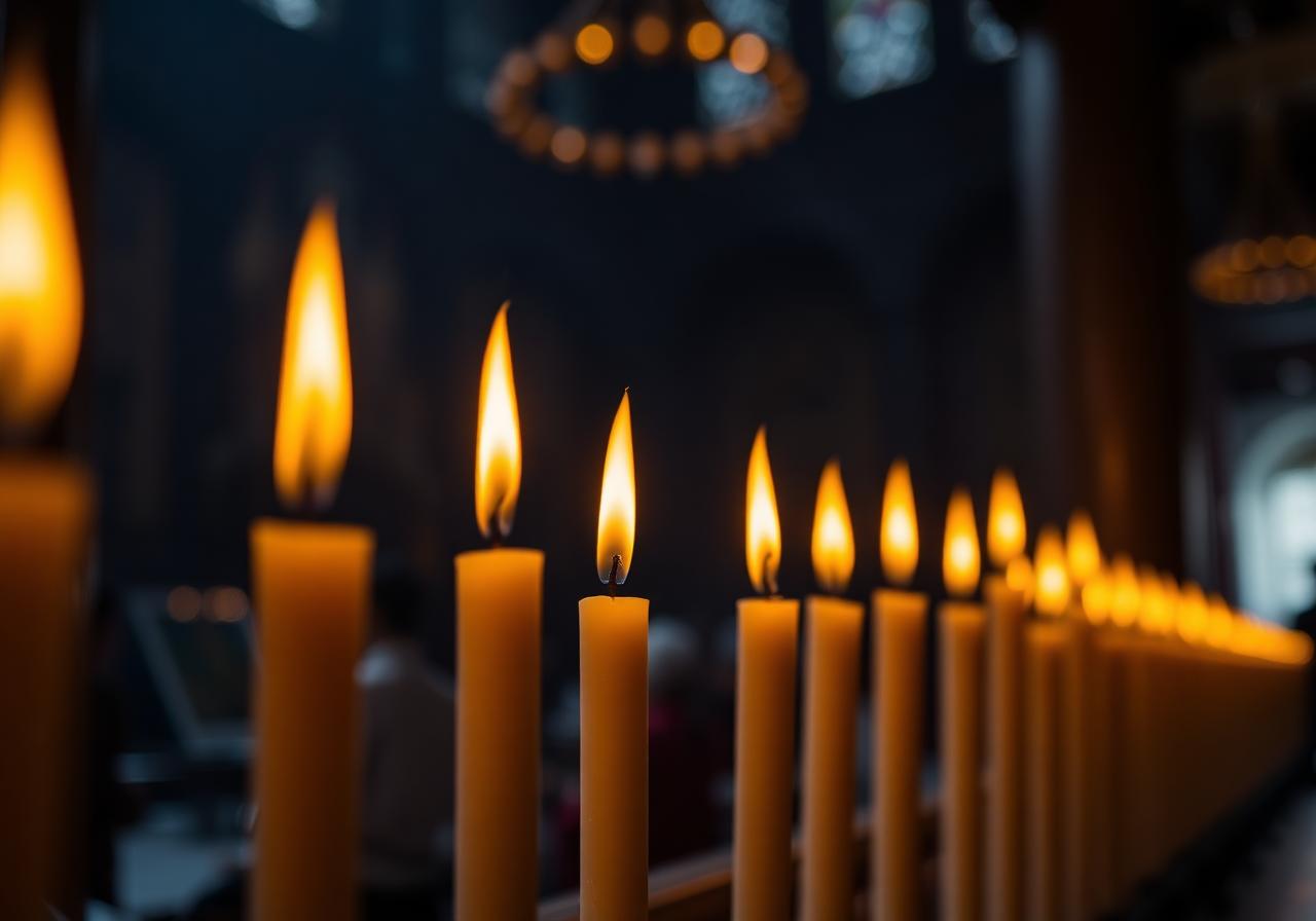 Warm candle flames glowing in a quiet temple