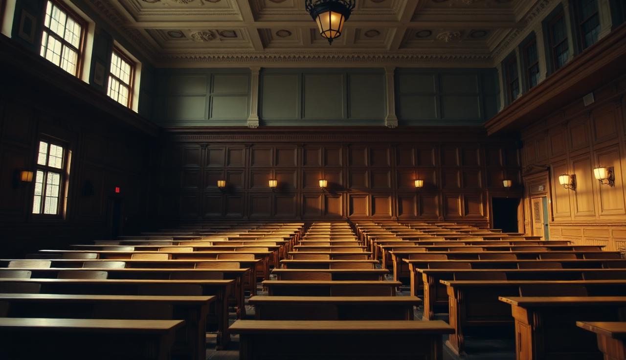 Classic Ivy League lecture hall with wooden desks and warm light
