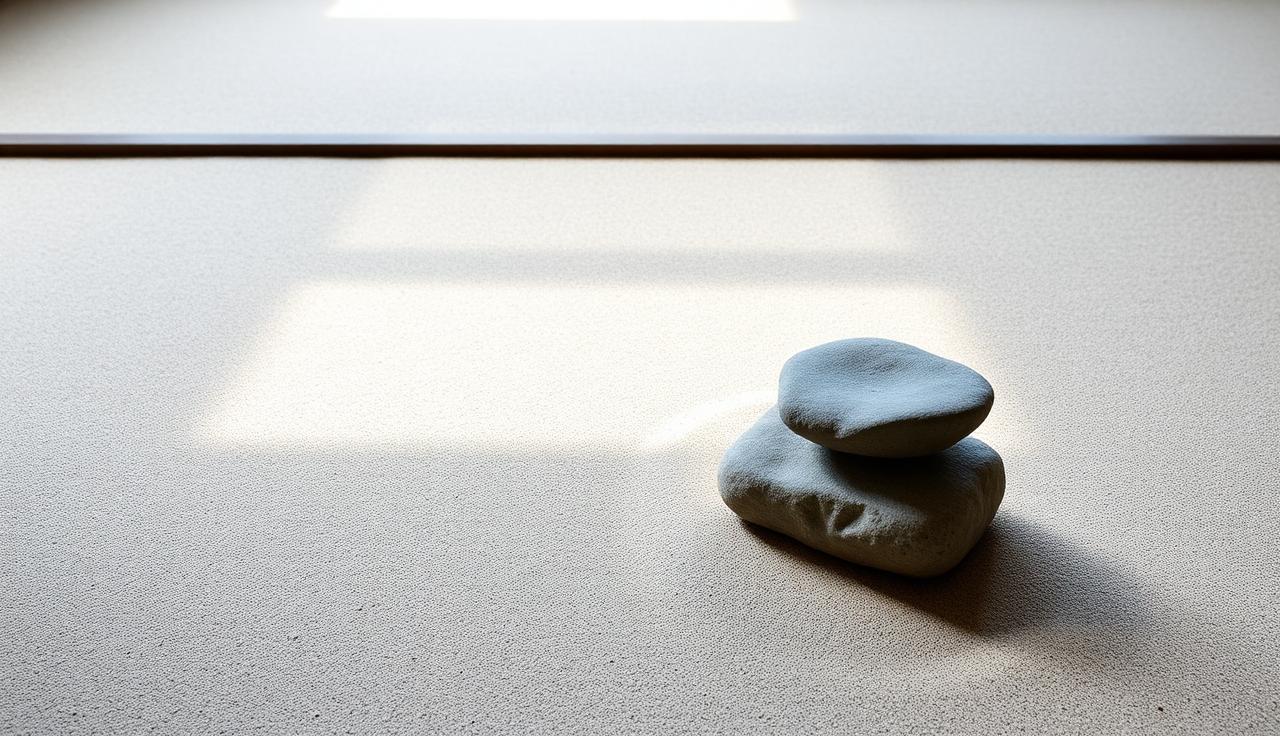 Minimalist Japanese zen garden with a single smooth stone